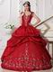 Modest Straps Embroidered Quinceanera Party Dress Wine Red