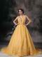 Modest V-neck Dark Yellow Organza Puffy Quinceanera Ball Gown