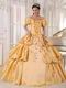 Short Sleeves Golden Quinceanera Dress Off Shoulder Neck