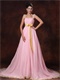 Pink Chiffon A-line Celebrity Prom Gowns With Gold Bowknot