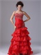 Oblique Seam Wasitline Mermaid Organza Red Layers Prom Dress