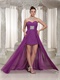 Ruching Purple Chiffon Prom Dress High-low Flowing Cloak From Waist