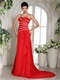 Radial Stripes Beading Red Chiffon Luxurious Prom Dress Wholesale