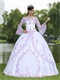 Square Flare Sleeve Sweet 16 Party Dress White With Lilac Embroidery