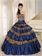 Designer Manuscript Navy Blue and Leopard Layers Quinceanera Cake Dress