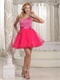 One Shoulder Fully Beading Multilayer Hot Pink Tulle Short Prom Dresses