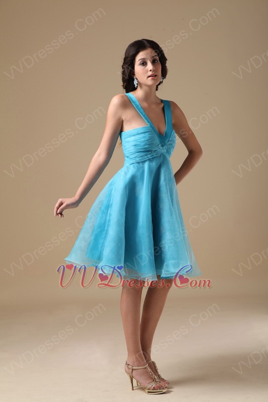 ... Color Dresses :: Straps V-neck Knee-length Aqua Organza Short Prom