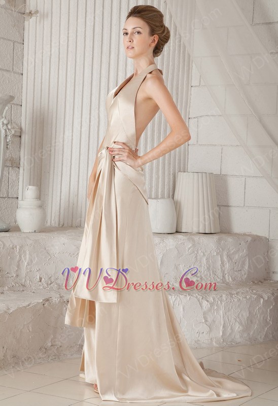 Halter Backless Champagne Satin Prom Dress With High Side Split