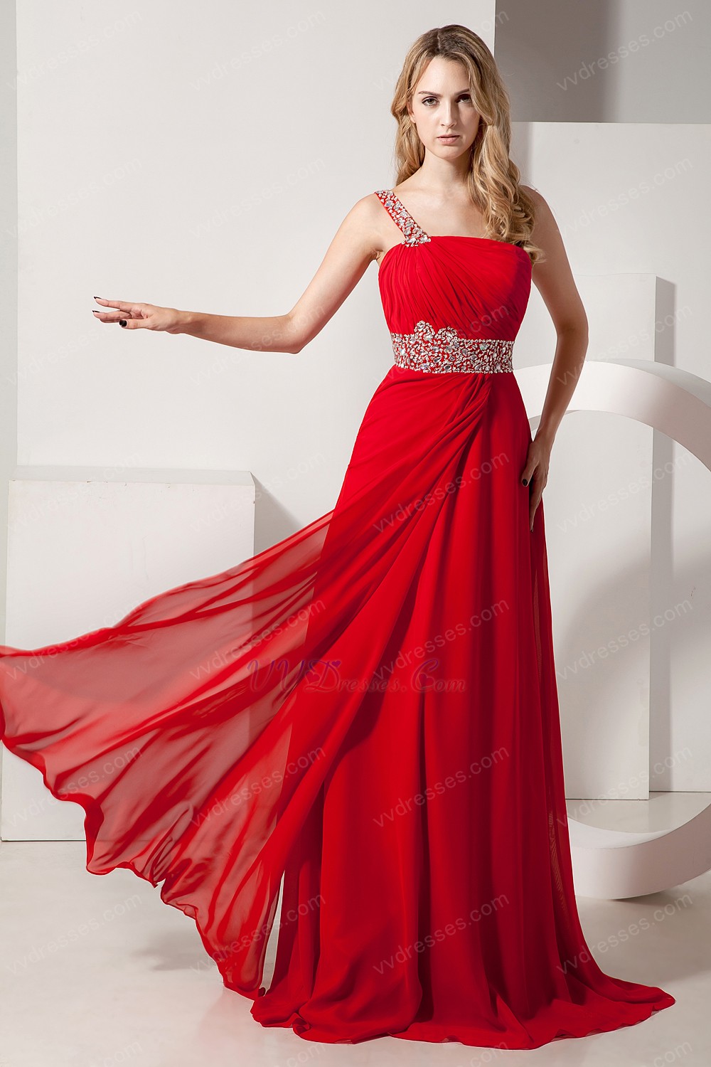 one shoulder red evening gown