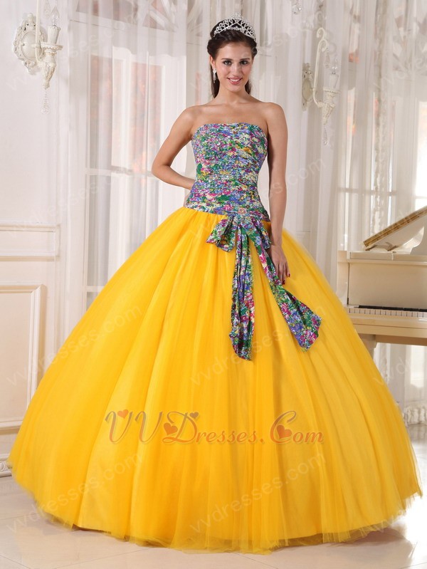 ... Dresses 2014 :: Printed Fabric Bodice Dark Yellow Quinceanera Dress