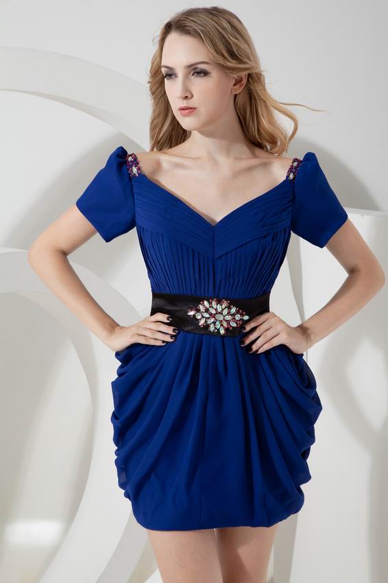 Off Shoulder Cap Sleeves Royal Blue Graduation Mini Dress