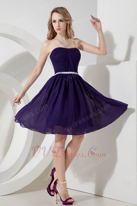 Noble Strapless Belt Knee Length Purple Chiffon Short Prom Dress